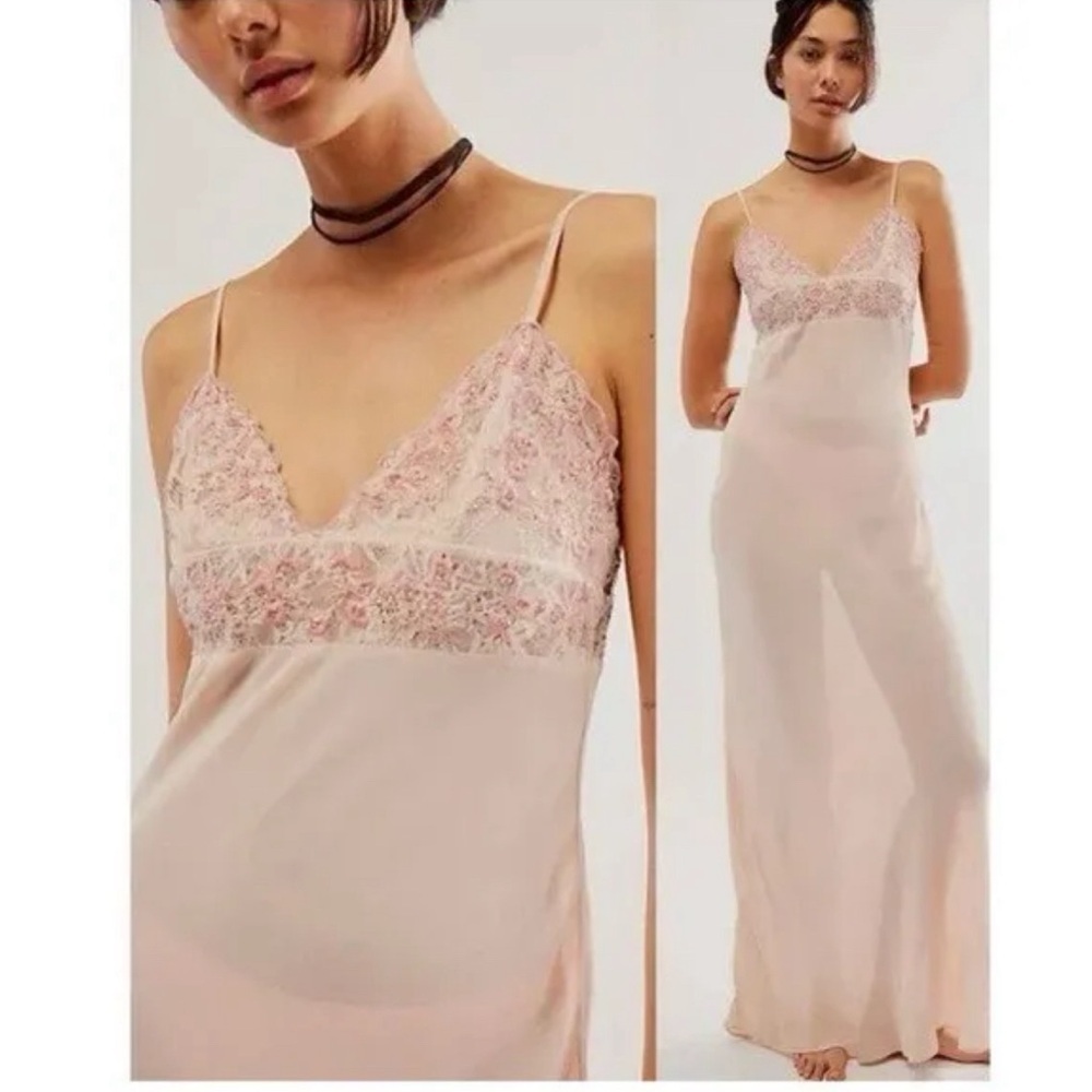 New Free People Midnight Magic Maxi Slip Dress Pink Beaded Lace Trim Si…